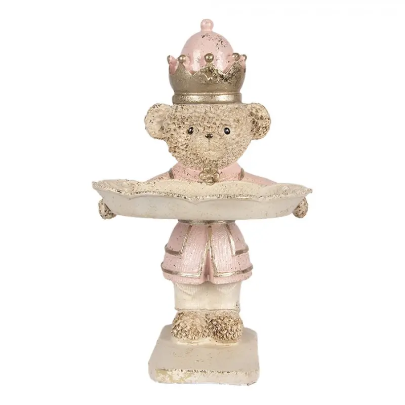 Béžovo-růžová dekorace medvídek držící podnos - 14*13*24 cm Clayre & Eef
