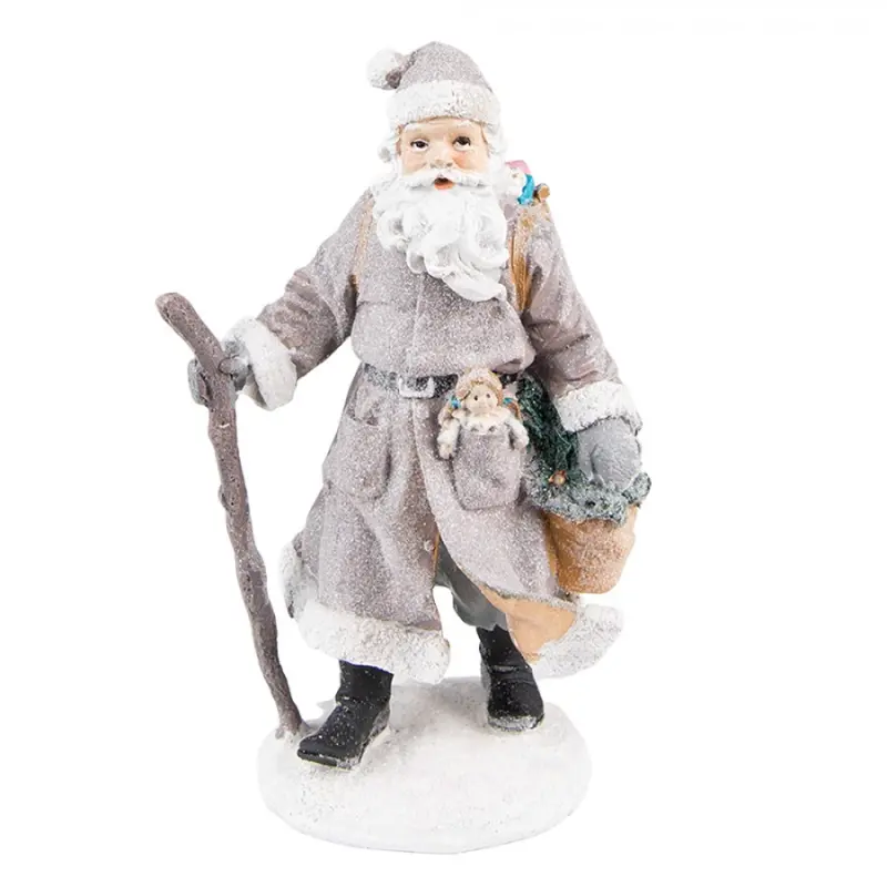 Šedá dekorace Santa s holí a panenkou – 12x9x21 cm