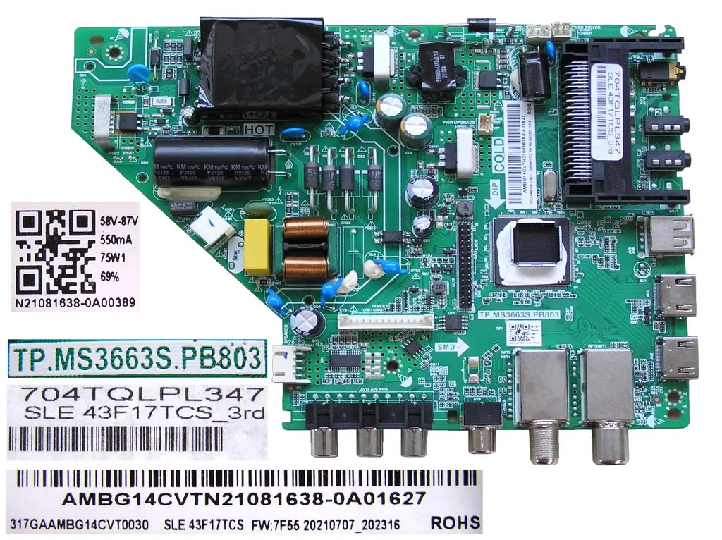 LCD modul základní deska Sencor SLE43F17TCS / Main board TP.MS3663S.PB803 / N21081638-0A00389 / 704TQLPL347