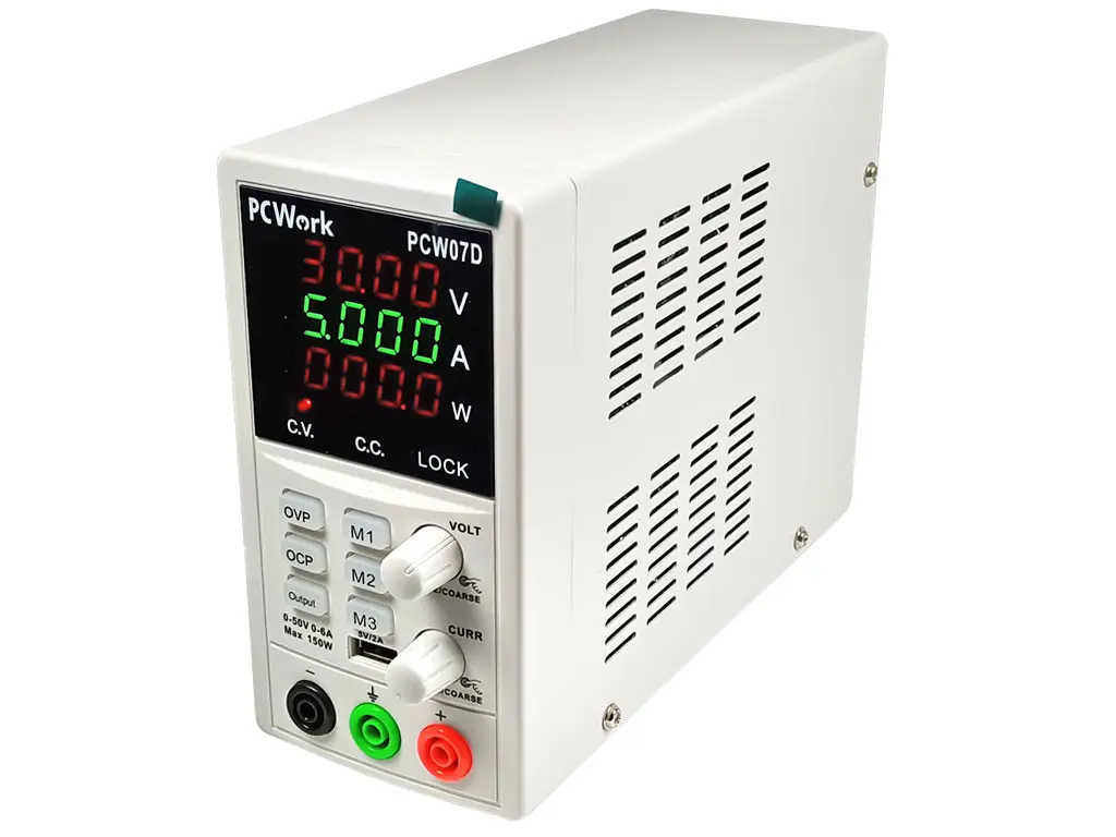 Laboratorní spínaný zdroj PCW07D DC 0–50 V / 0–6 A, CV/CC, USB 5 V / 2 A