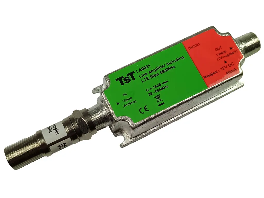 anténní zesilovač linkový TST LA0021 18 dB s LTE 2 filtrem pro DVB-T2