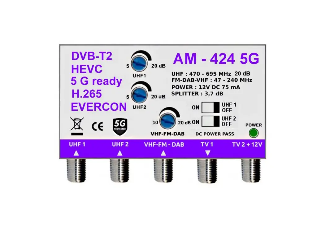 anténní zesilovač pro DVB-T2 AM-424 5G zesílení 20dB UHF1 + UHF2 + DAB/FM/VHF 2x výstup