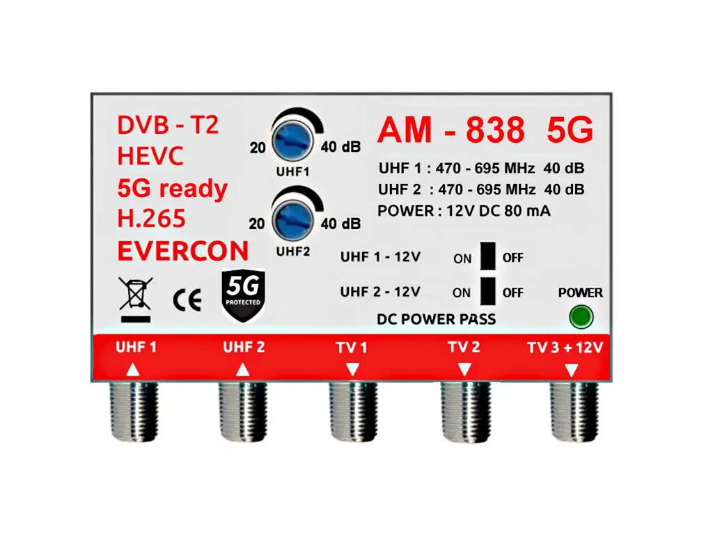 anténní zesilovač pro DVB-T2 AM-838 5G zesílení 40dB 2xUHF 3x výstup