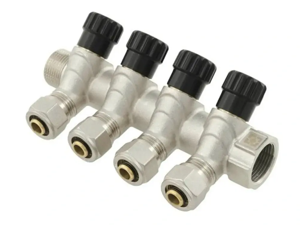 Sanitární rozdělovač s regulačními ventily 3/4"x1/2"x16 se čtyřmi okruhy