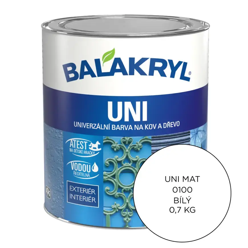 BALAKRYL Univerzální barva na kov a dřevo UNI MAT 0100 bílá 0,7 kg + 20 % ZDARMA