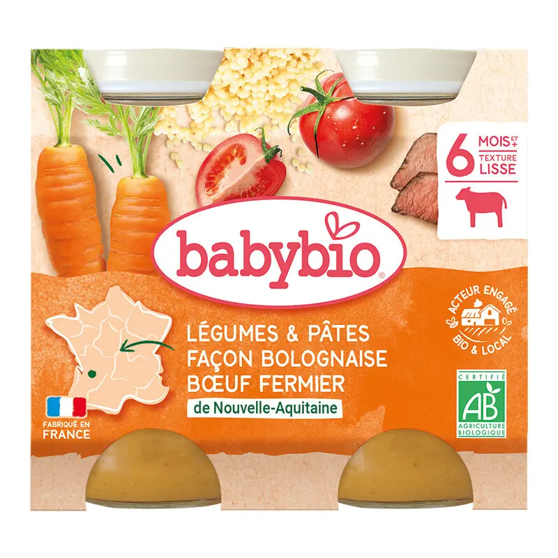 BABYBIO zelenina, boloňské těstoviny, hovězí maso 6m+ 2x200g