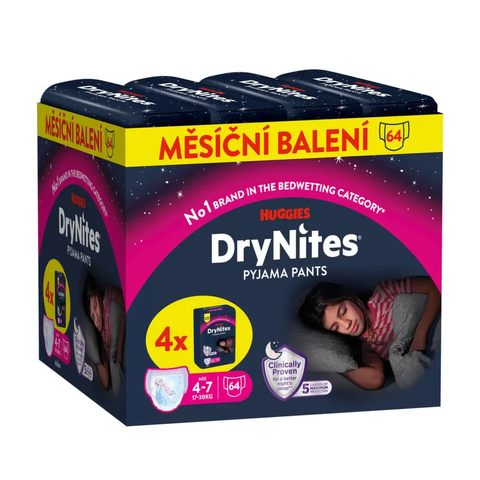 DryNites natahovací kalhotky na noc pro dívky JUMBO box 4-7let/17-30kg/4x16ks