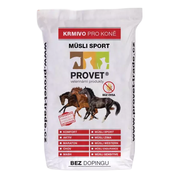 Mikrop Premium Sport musli 20kg BEZ OVSA (dříve PROVET®) (Nové vylepšené müsli krmivo bez ovsa, pro hobby a aktivní i sportující koně.)
