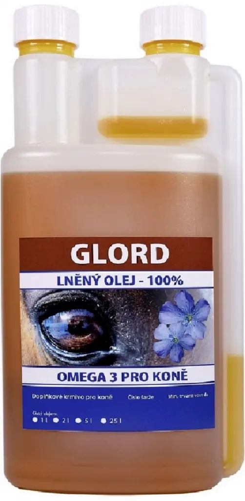 Lněný olej pro koně Glord 1l (Panenský za studena lisovaný, nejlepší cena a kvalita)