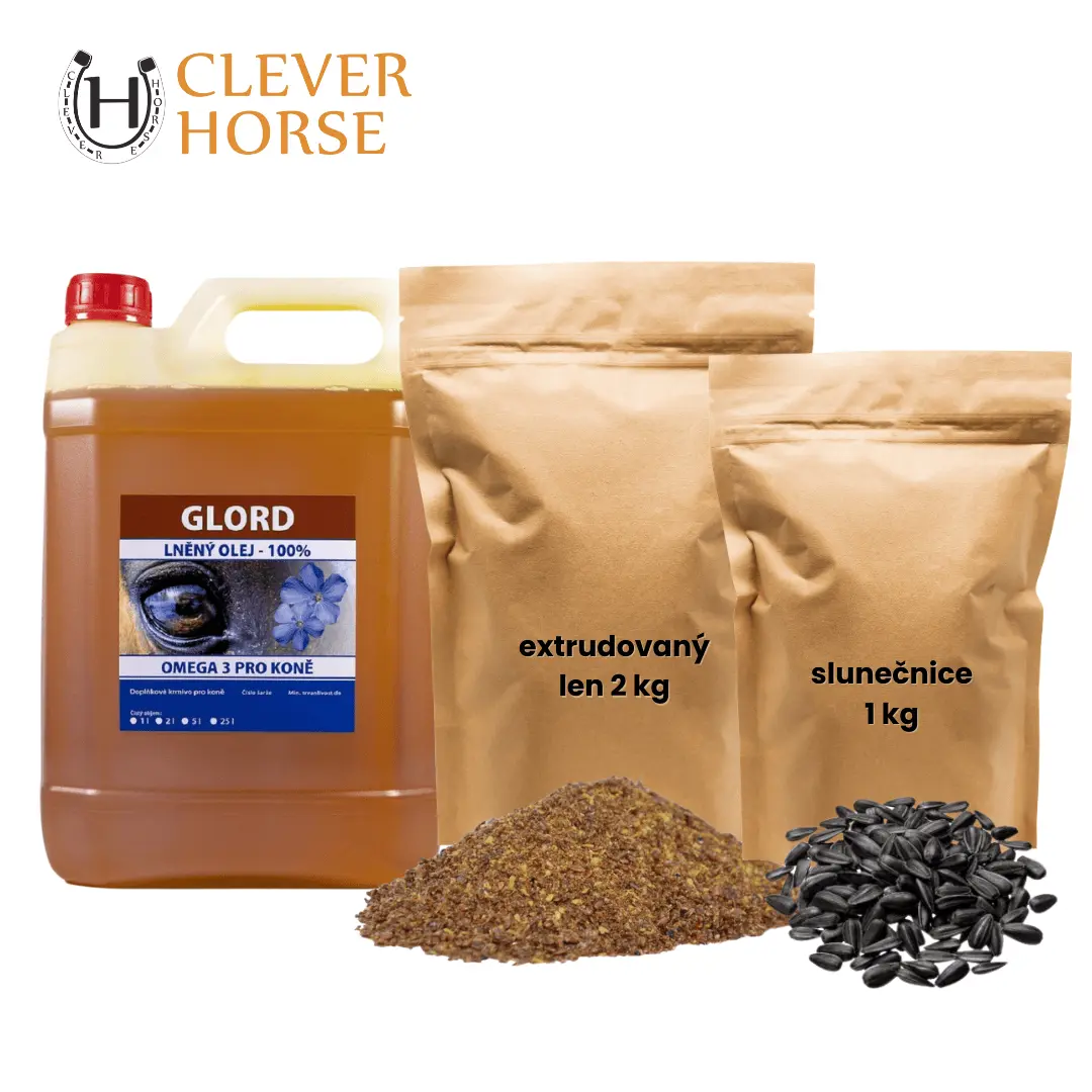 NA PŘIBRÁNÍ balíček Lněný olej 2 l + Extrudovaný len 2 kg + Slunečnice 1 kg (Potřebuje váš kůň přibrat? Pořiďte mu tento výhodný set.)