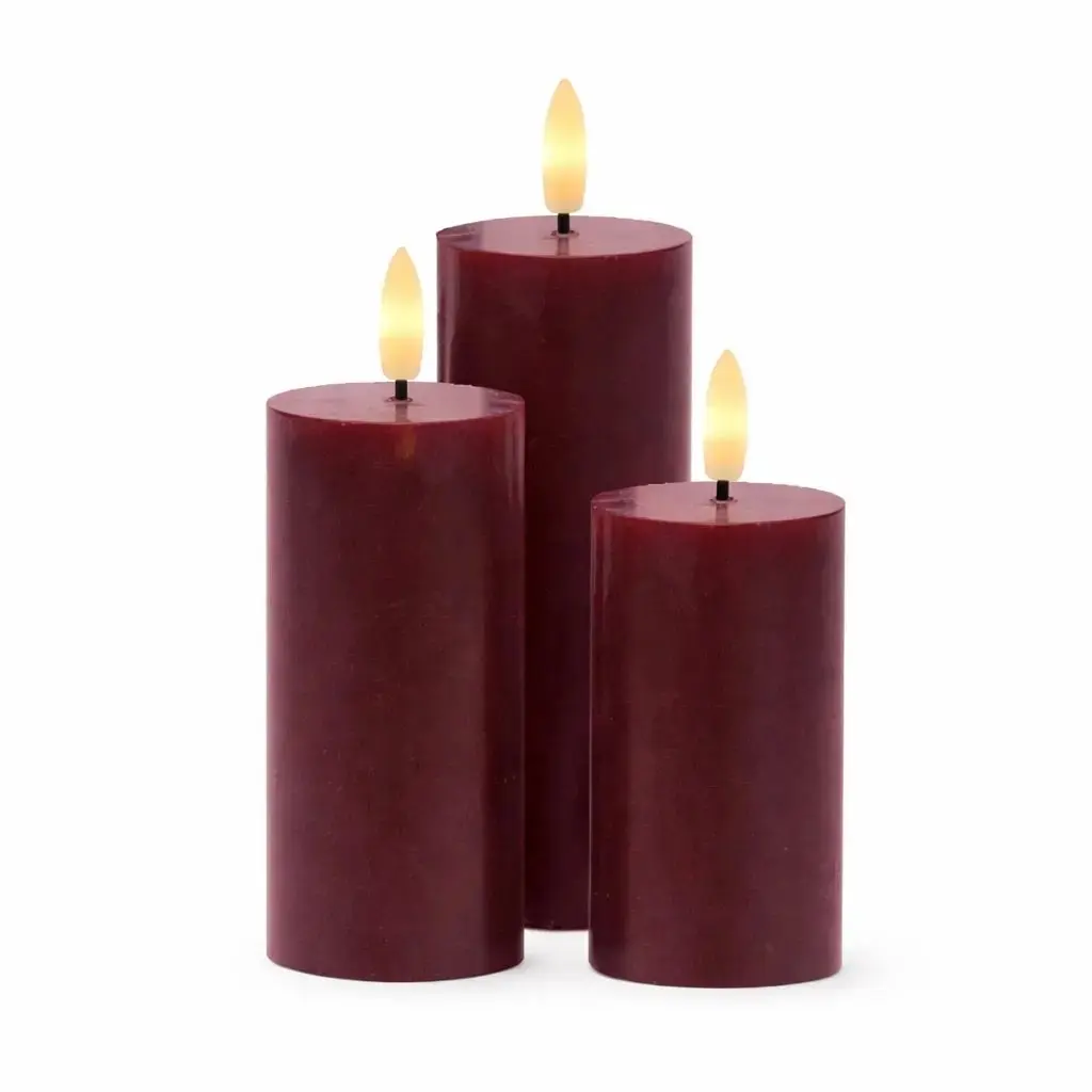 LED svíčky z pravého vosku dobíjecí Bordeaux, sada 3 ks, výška 10/12,5/15cm, ø 5 cm, vínová, bez stanice