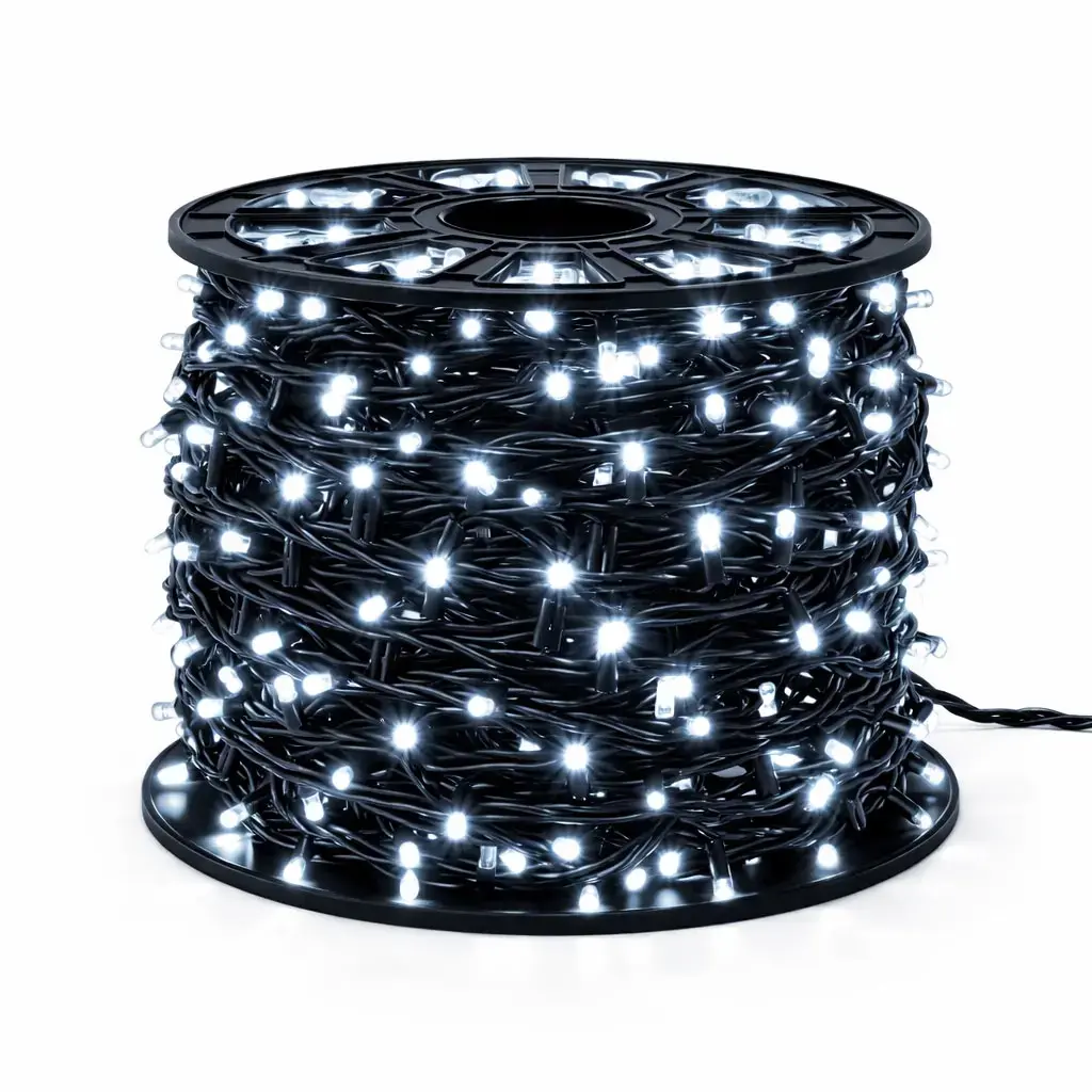 Easy Fix LED světelný řetěz, 100 m, venkovní ledově bílá s FLASH, 600 diod, černý kabel, IP67, cívka
