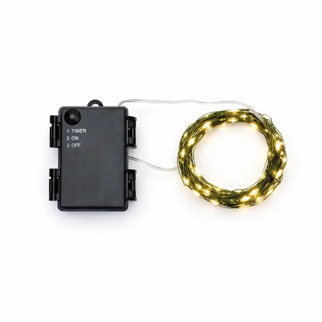LED světýlka na baterie, kapičky, 5,3 m, teple bílá, 50 diod, zelený drátek, IP44, venkovní, 3 × AA