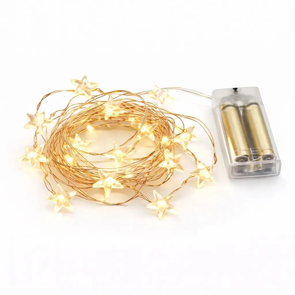 LED světýlka na baterie, hvězdičky, 3,4 m, teple bílá, 40 diod, měděná barva drátku, IP20 interiér, 3 × AA