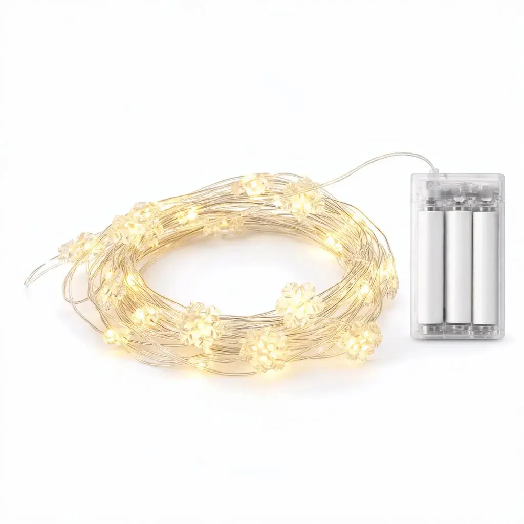 LED světýlka na baterie, vločky, 2,3 m, teple bílá, 20 diod, čirý kabel, IP20 interiér, 3 × AA