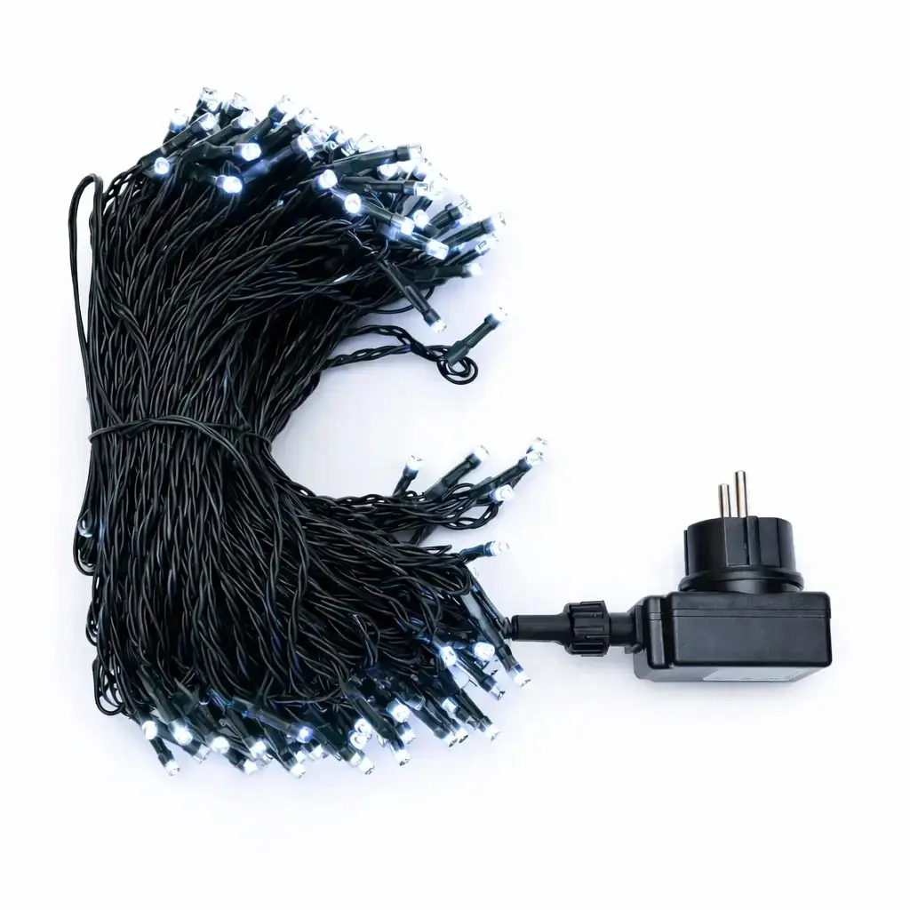 LED světelný řetěz, venkovní, 40 m, ledově bílá, 200 diod, černý kabel, IP44, vč. zdroje