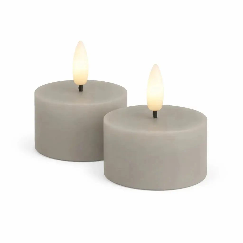 Sada LED čajové svíčky na baterie Sille Tealight, Ø 6 × 3,4 cm, teple šedá, z pravého vosku, balení 2 ks