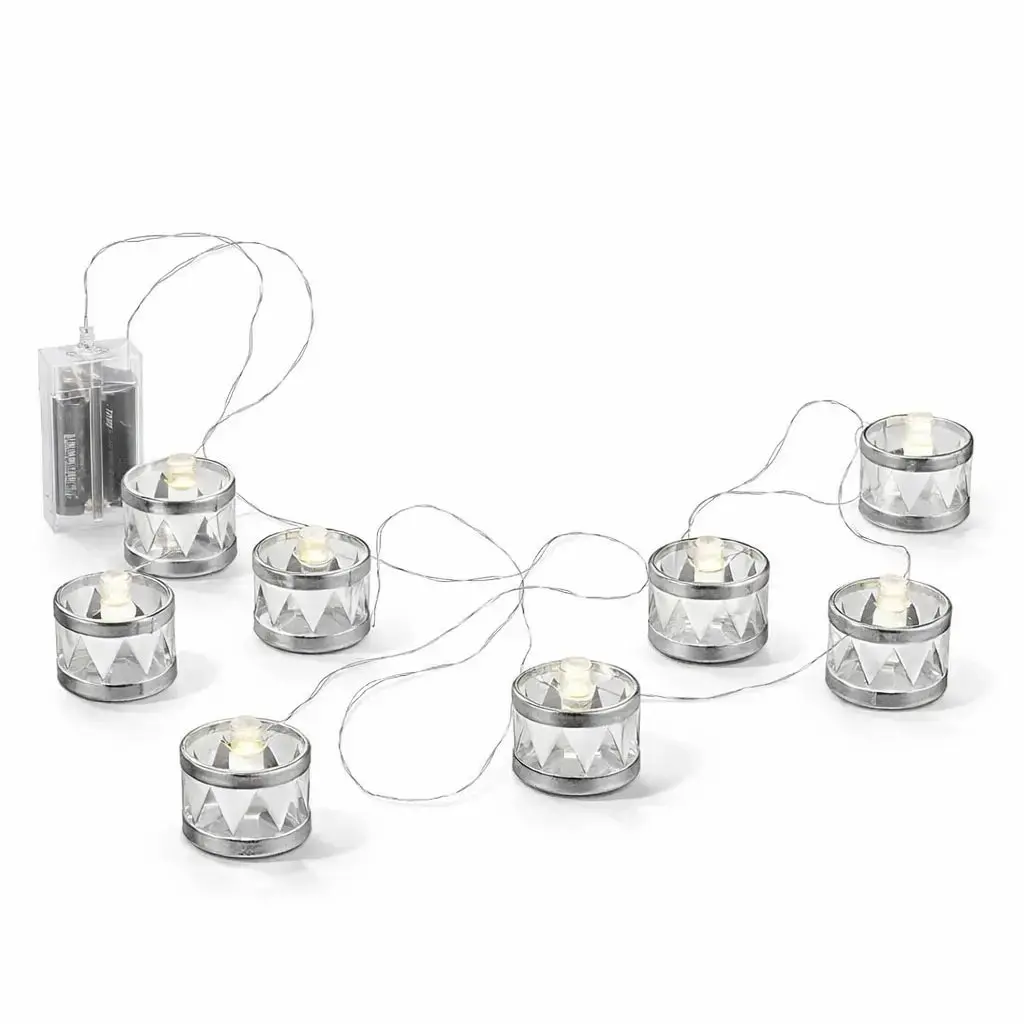 LED dekorační světelný řetěz na baterky 150 cm, stříbrné bubínky, teple bílá, 8 diod, interiér, 2× AA