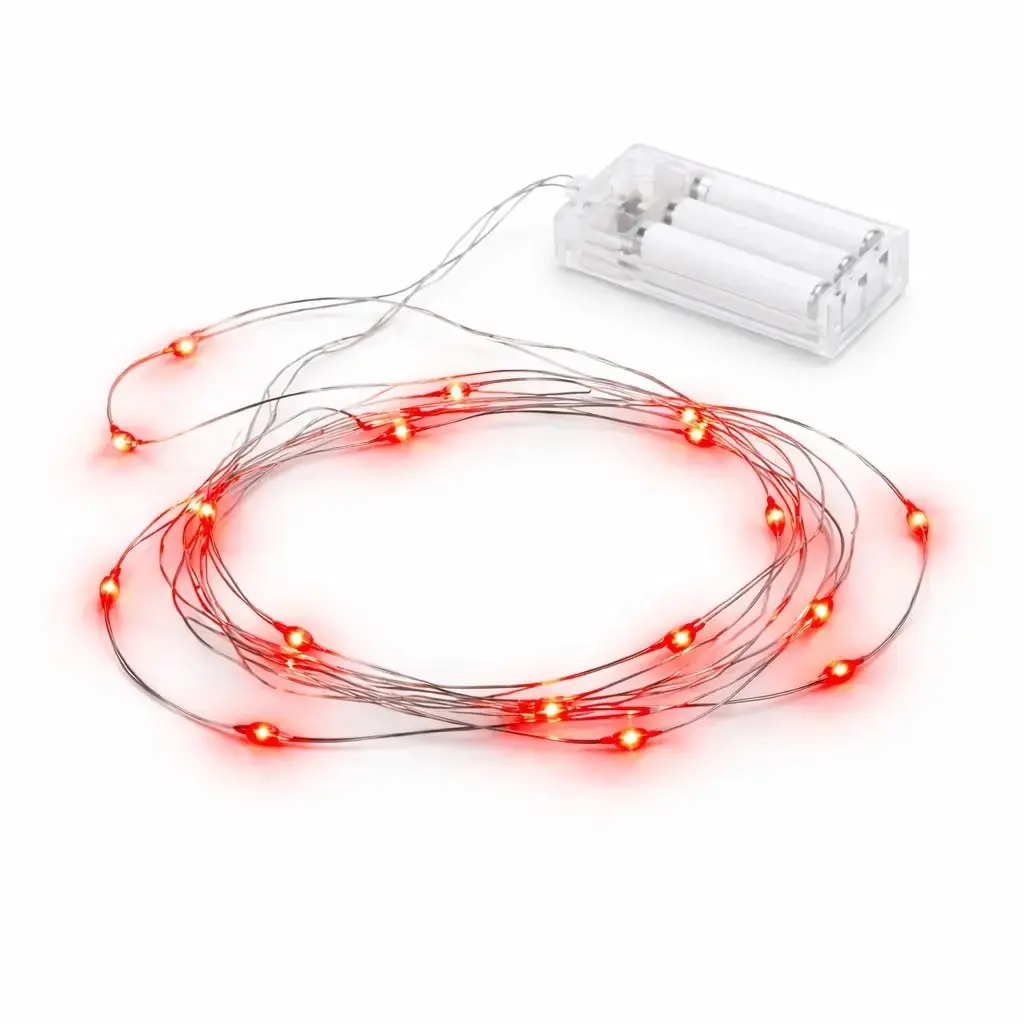 LED světýlka na baterie, kapičky, 2,30 m, červená, 20 diod, drátek, IP20 interiér, 3 × AA