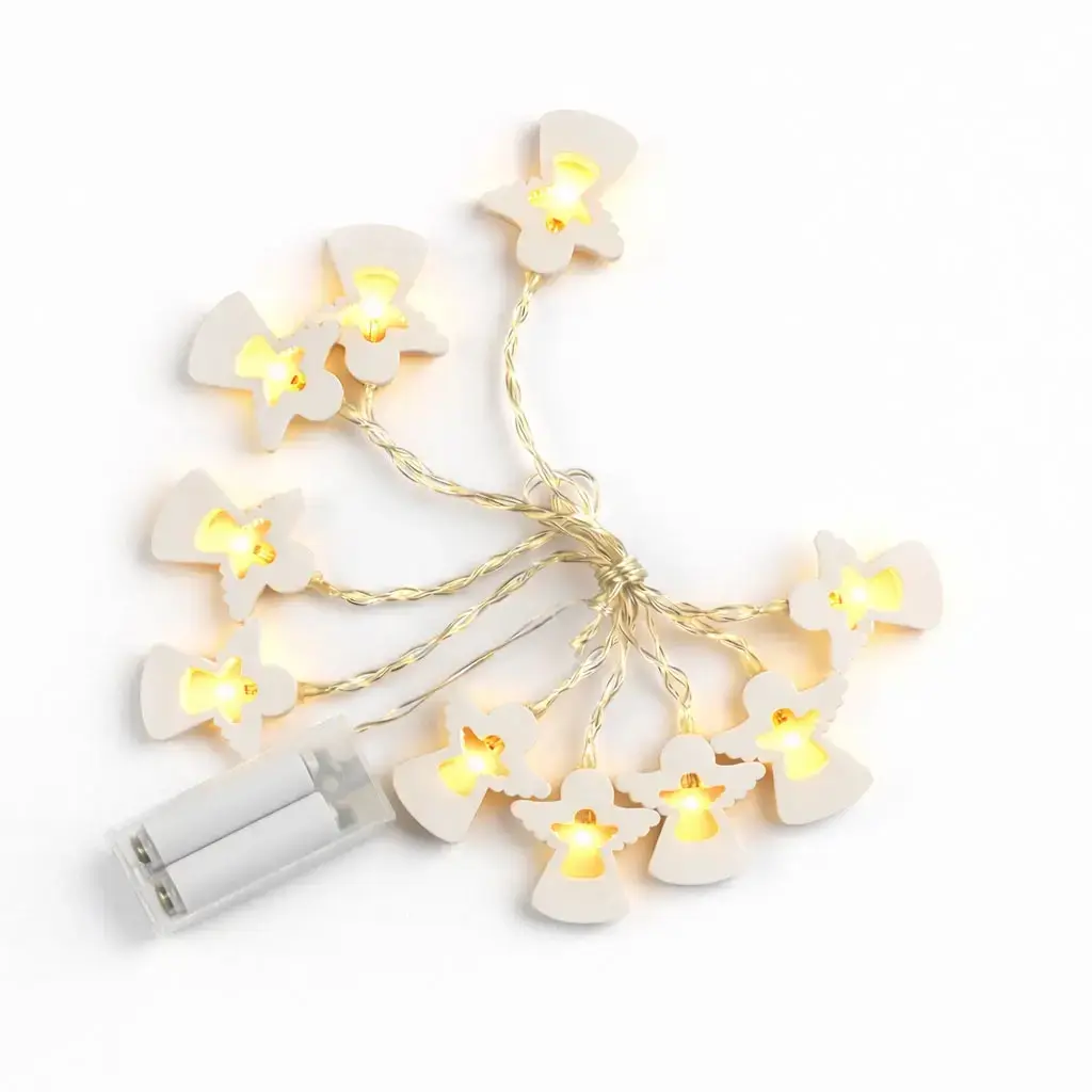 LED světýlka na baterie, dřevění andílci, 2 m, teple bílá, 10 diod, čirý kabel, IP20 interiér, 2 × AA