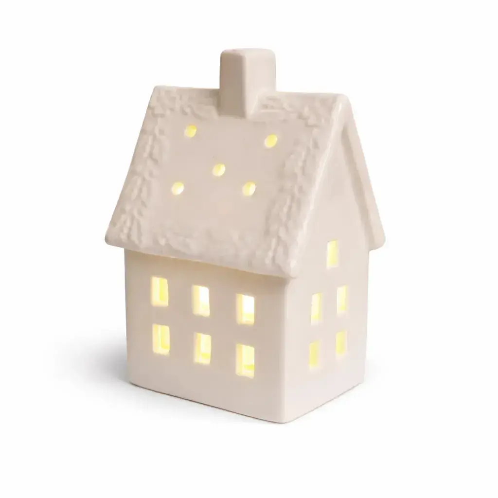 LED dekorace keramický domeček, 8,5 × 6,9 × 12,9 cm, teple bílá, 2× LR44