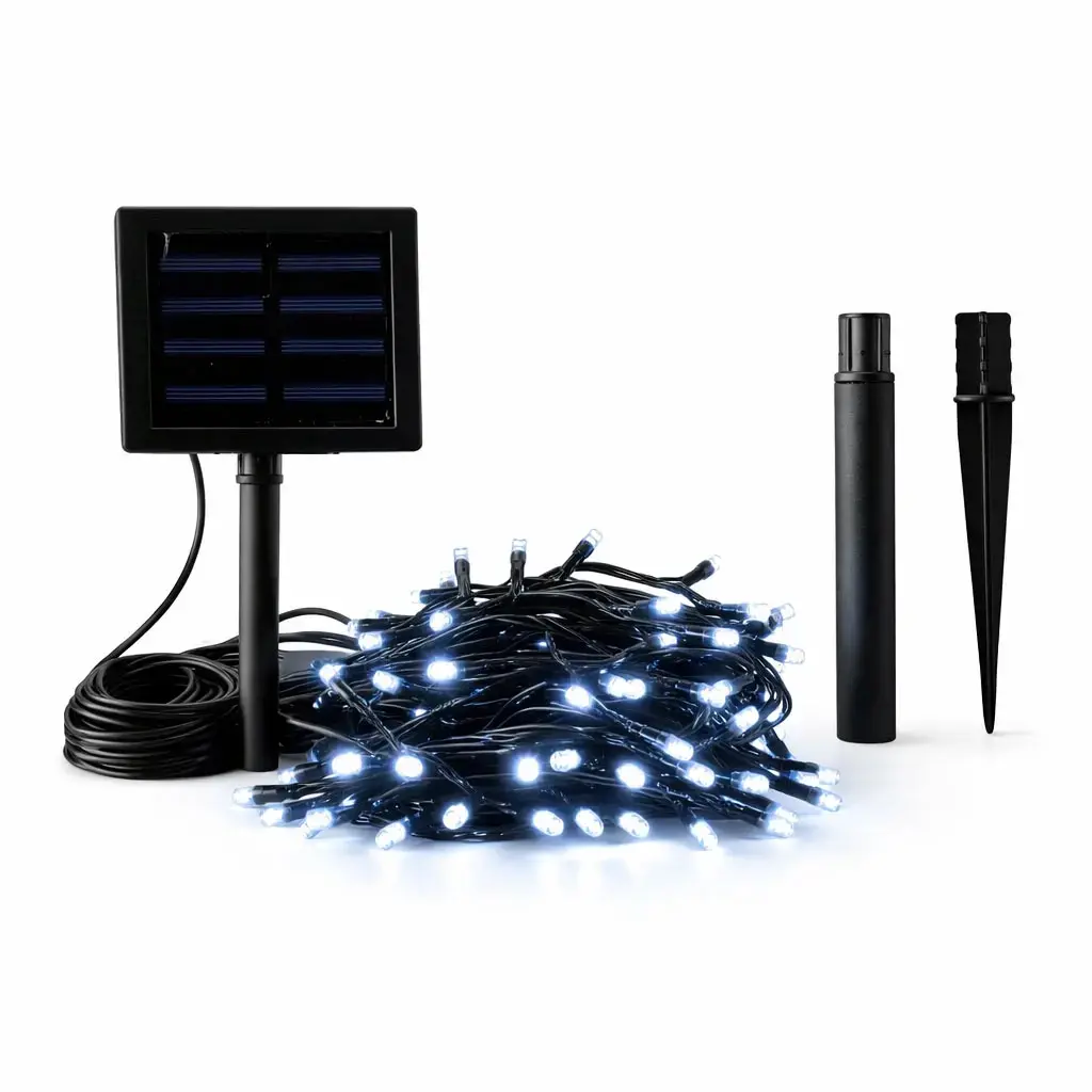 LED venkovní solární světýlka na zahradu, 10 m, ledově bílá, 100 diod, černý kabel, IP44, solární panel
