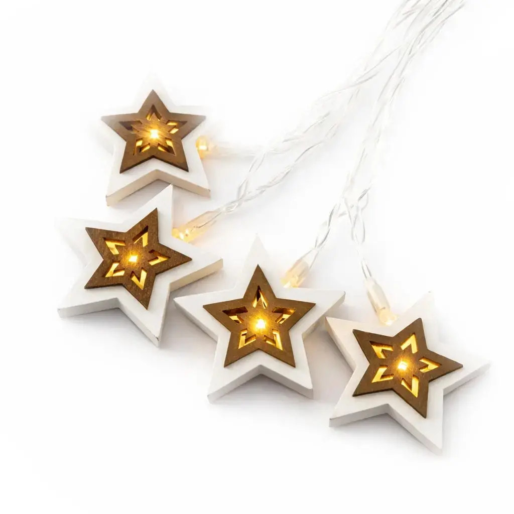 LED světýlka na baterie, dřevěné hvězdičky, 1,8 m, teple bílá, 10 diod, čirý kabel, IP20 interiér, 2 × AA