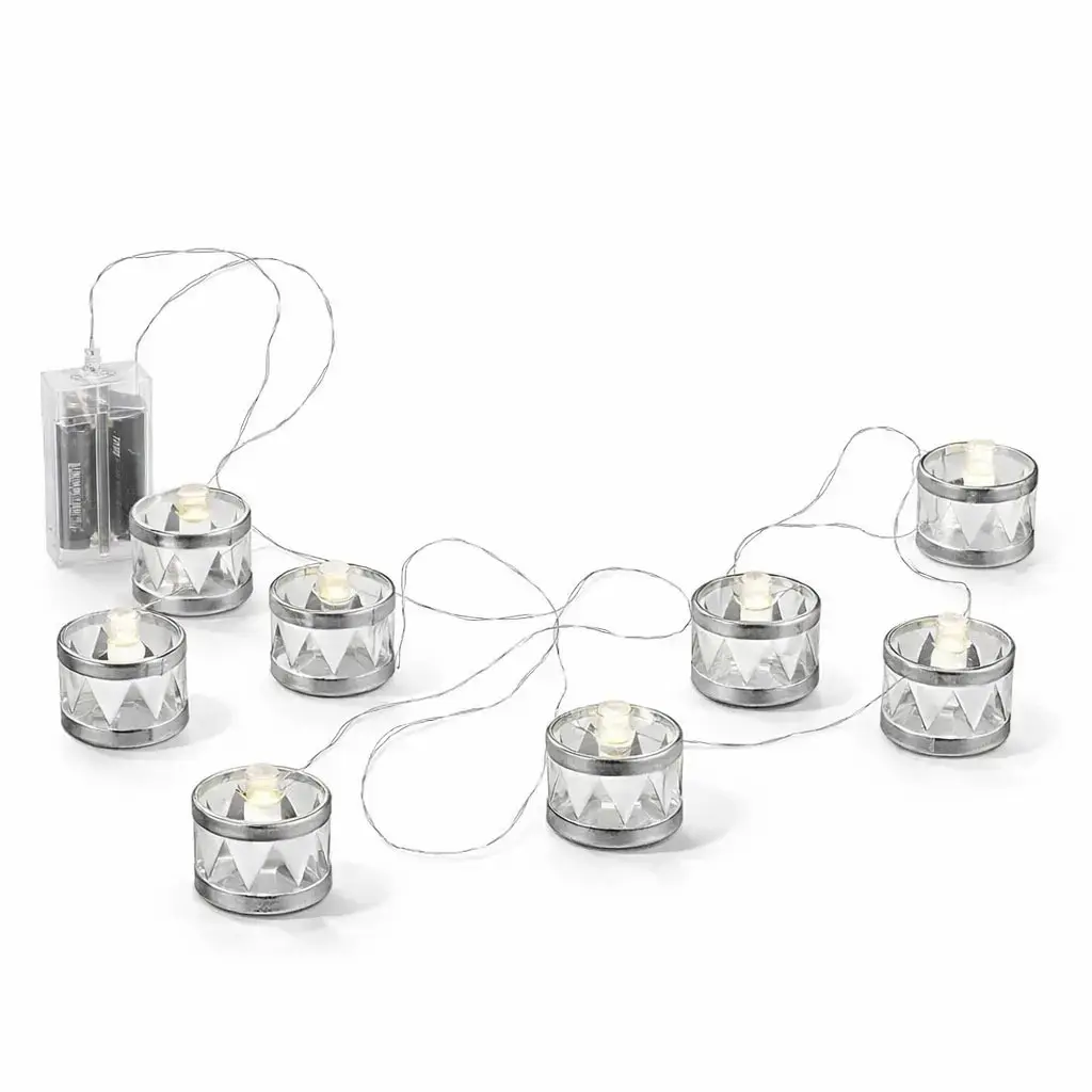 LED dekorační světelný řetěz na baterky 150 cm, stříbrné bubínky, teple bílá, 8 diod, interiér, 2× AA