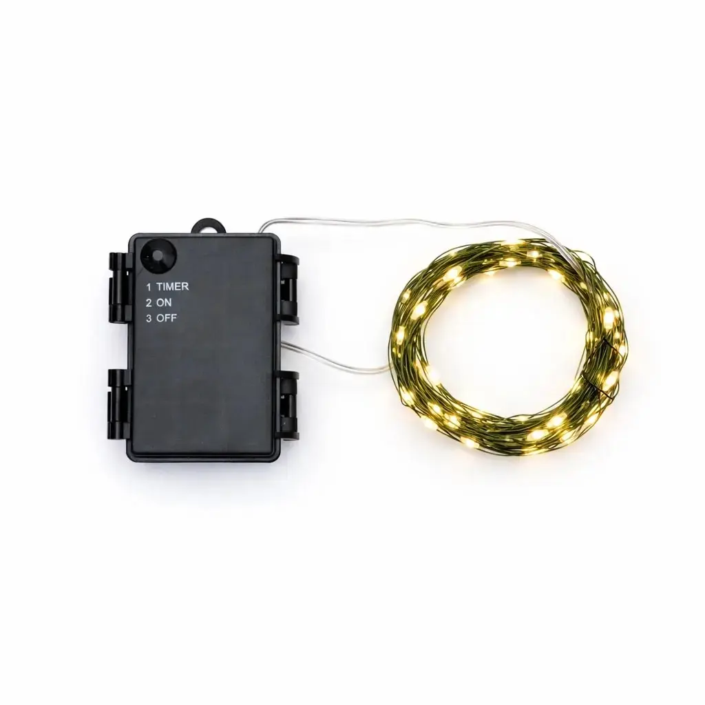 LED světýlka na baterie, kapičky, 5,3 m, teple bílá, 50 diod, zelený drátek, IP44, venkovní, 3 × AA