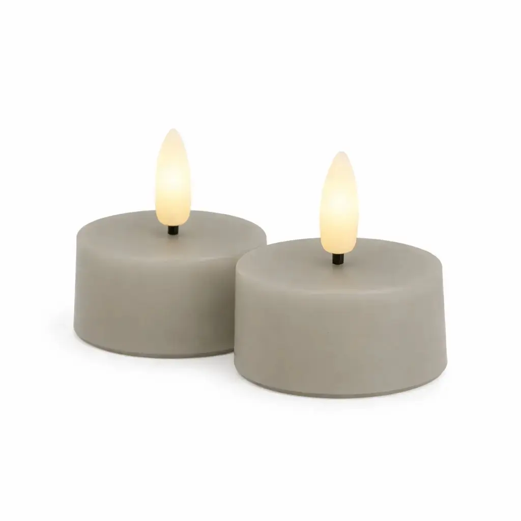 Sada LED čajové svíčky na baterie Sille Tealight, Ø 4,5 × 2,2 cm, teple šedá, z pravého vosku, balení 2 ks
