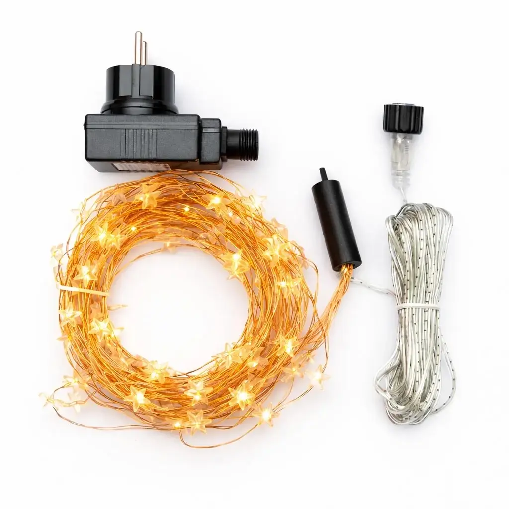 LED světelný řetěz, hvězdičky, 12 pramenů × 1,5 m, venkovní, teple bílá, 180 diod, měděný kabel, IP44, vč. zdroje