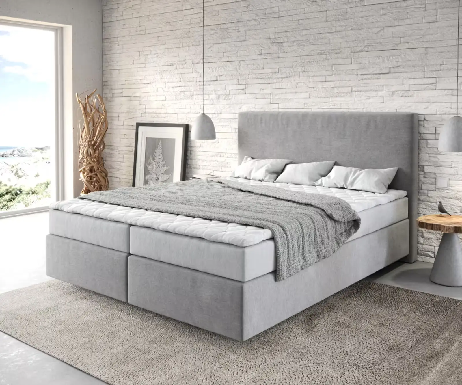 DELIFE Boxspring postel Dream-Well 160x200 cm mikrovlákno šedá s matrací a topperem