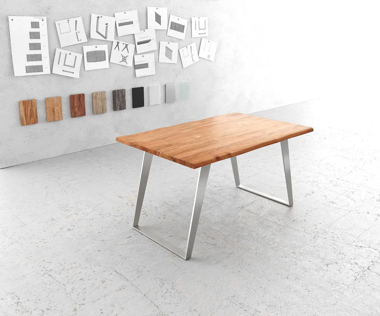 DELIFE Jídelní stůl Edge 140x90 cm akácie přírodní nerezová ocel stříbrná šikmý Live-Edge