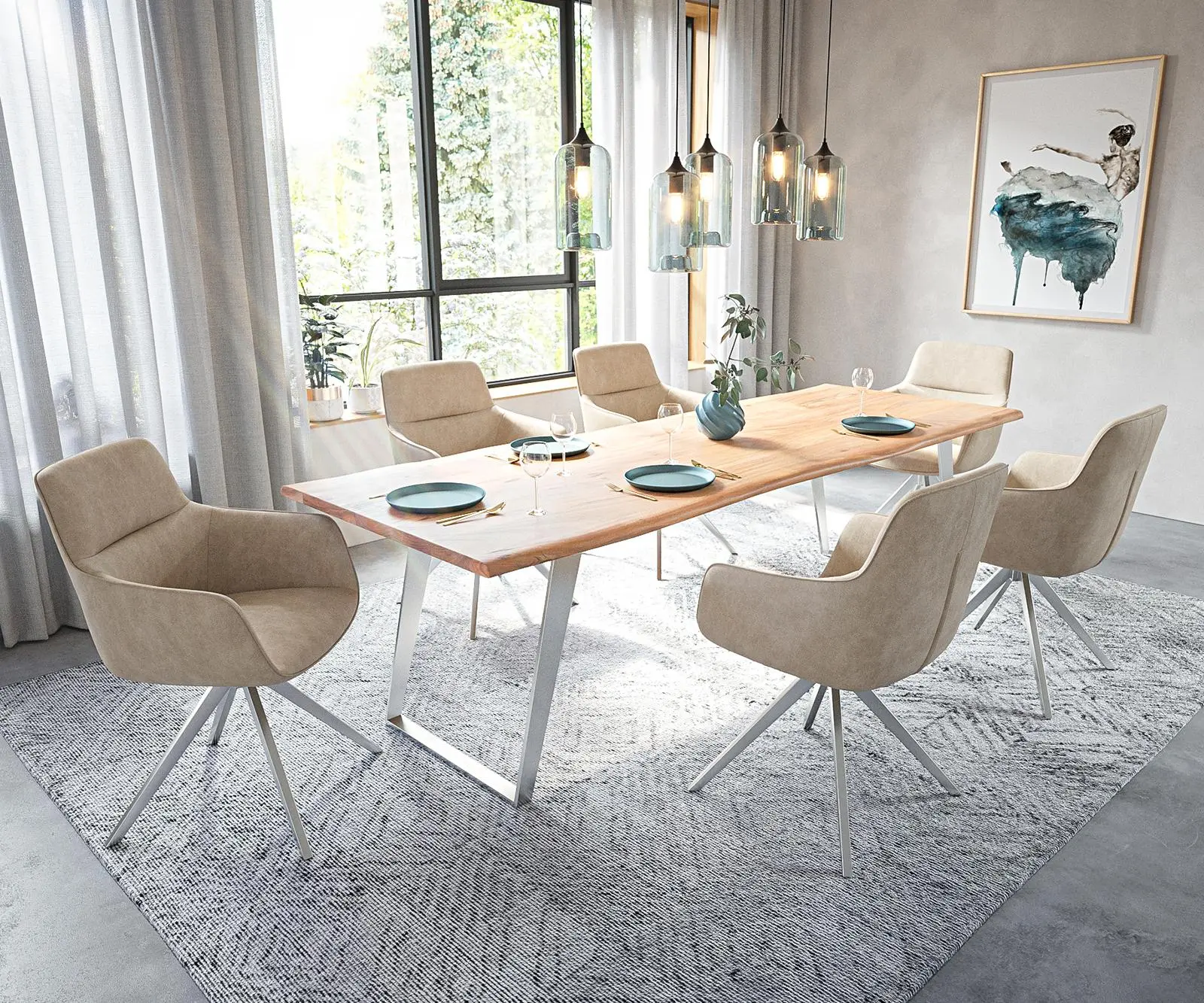 DELIFE Jídelní stůl Edge 260x100 cm akácie přírodní nerezová ocel stříbrná šikmý Live-Edge