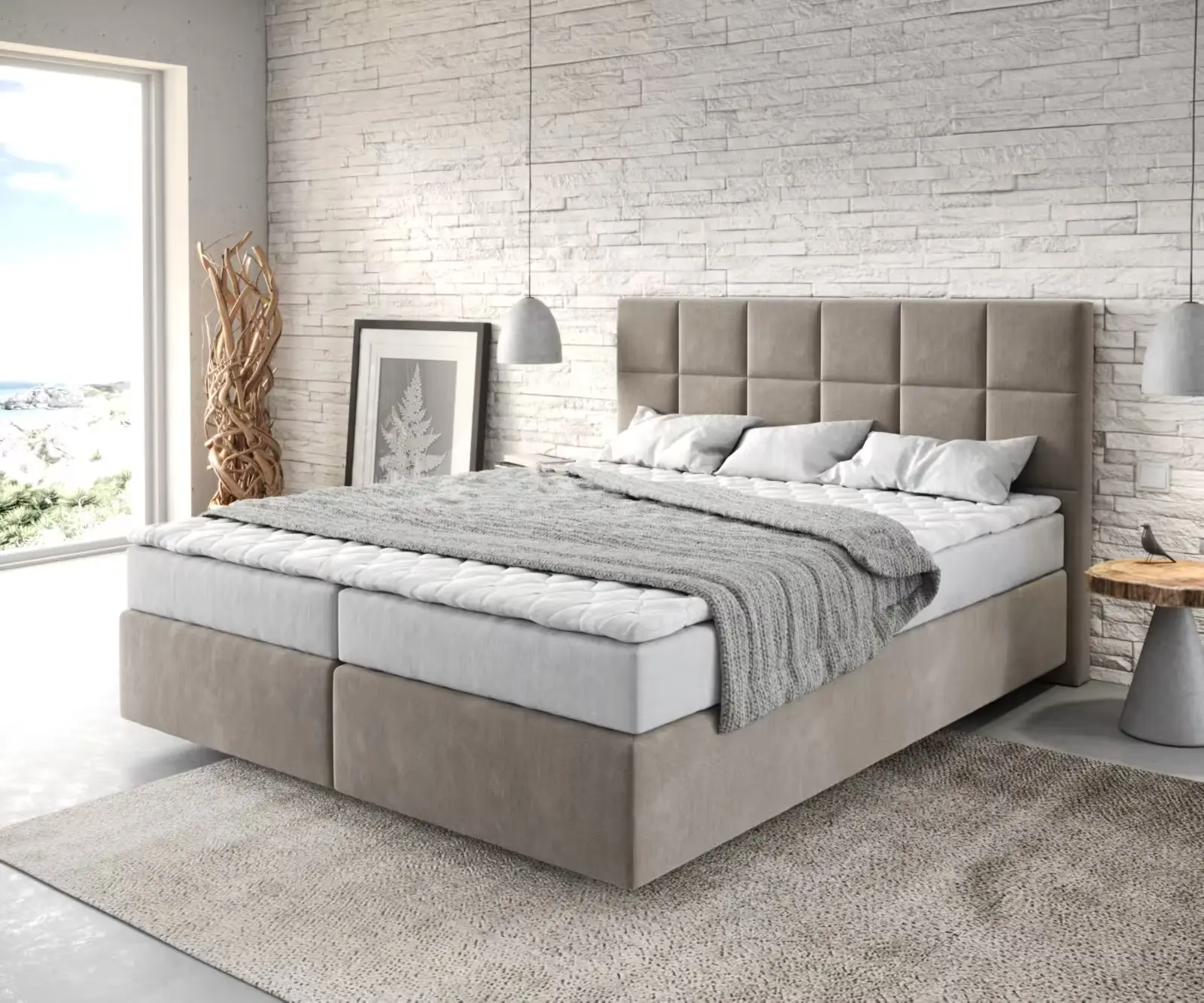 DELIFE Boxspring postel Dream-Fine 160x200 cm mikrovlákno béžová s matrací a topperem