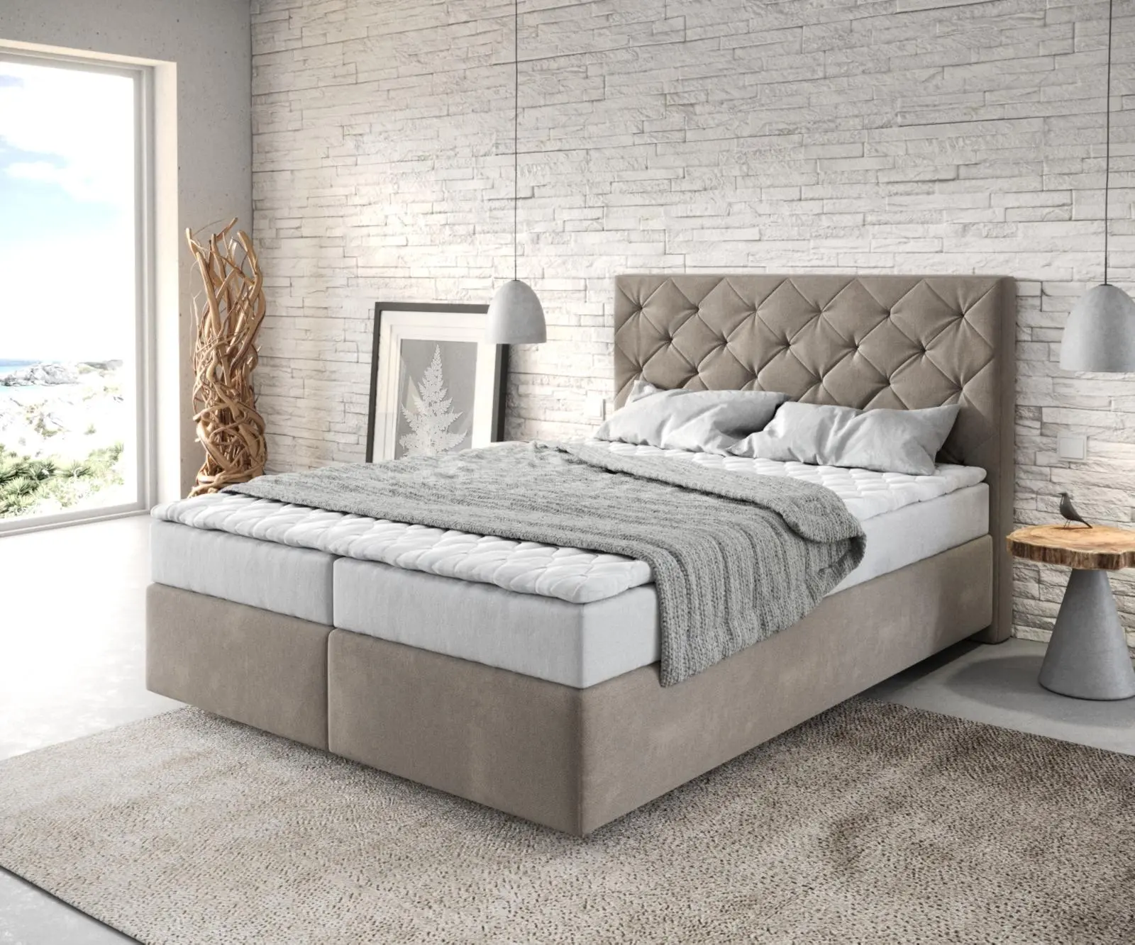 DELIFE Boxspring postel Dream-Great 140x200 cm mikrovlákno béžová s matrací a topperem