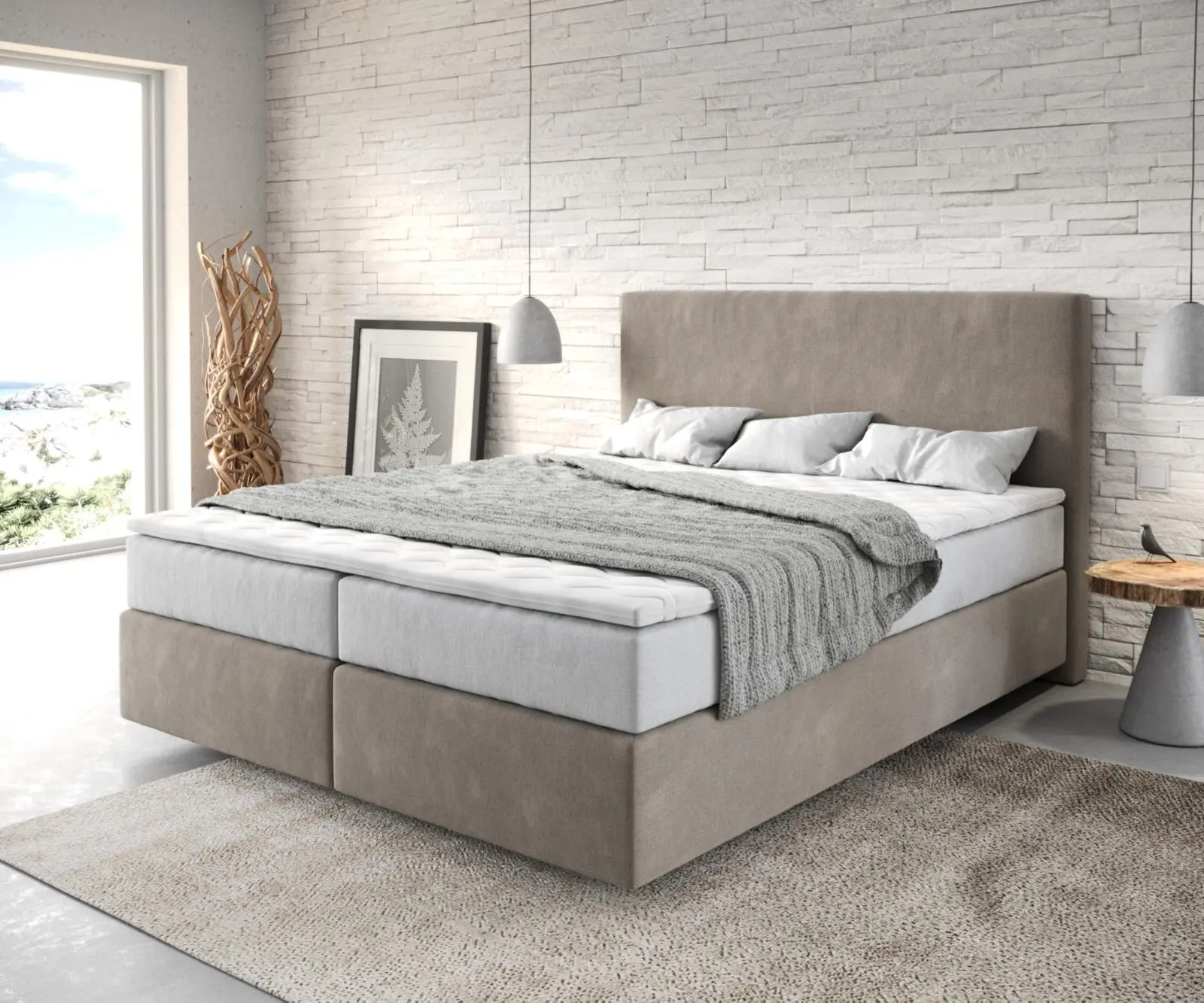 DELIFE Boxspring postel Dream-Well 160x200 cm mikrovlákno béžová s taštičkovou pružinovou matrací a visco topperem