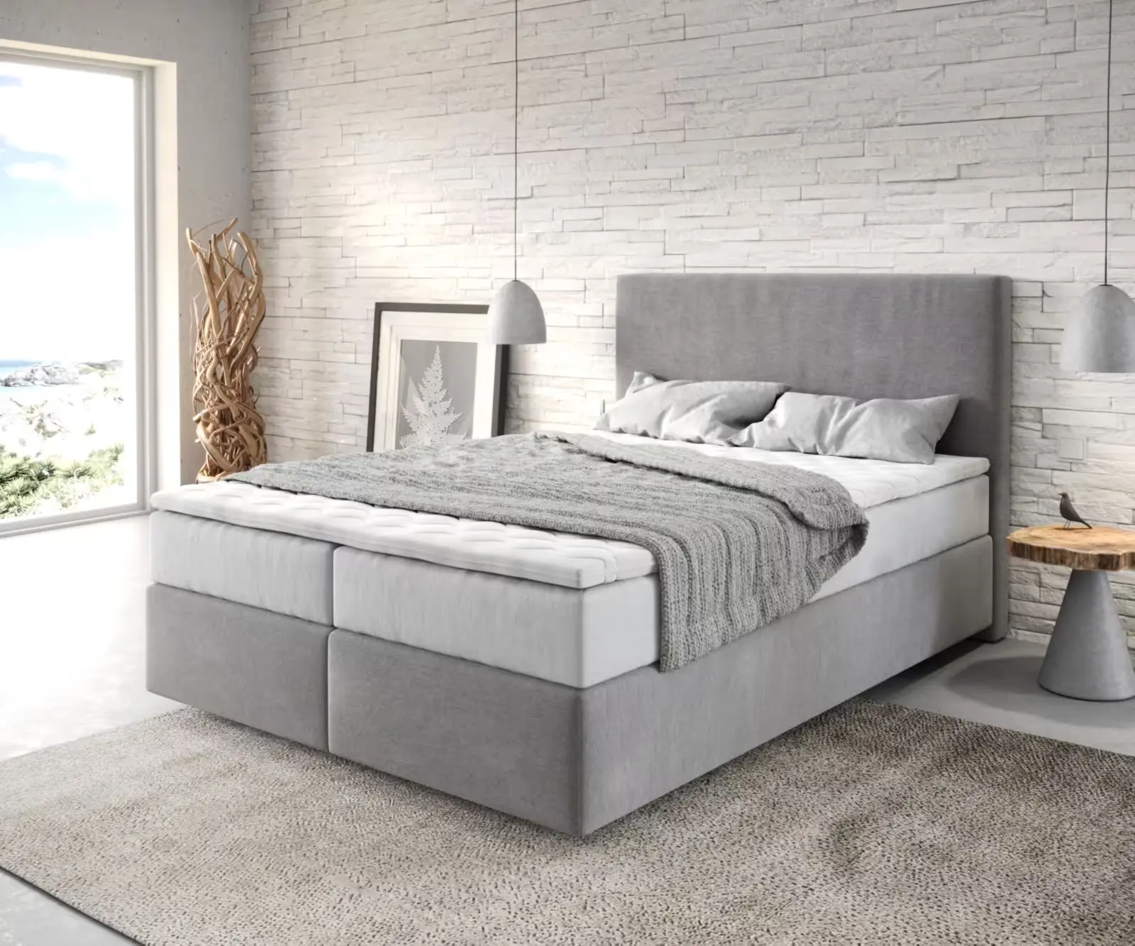 DELIFE Boxspring postel Dream-Well 140x200 cm mikrovlákno šedá s taštičkovou pružinovou matrací a visco topperem