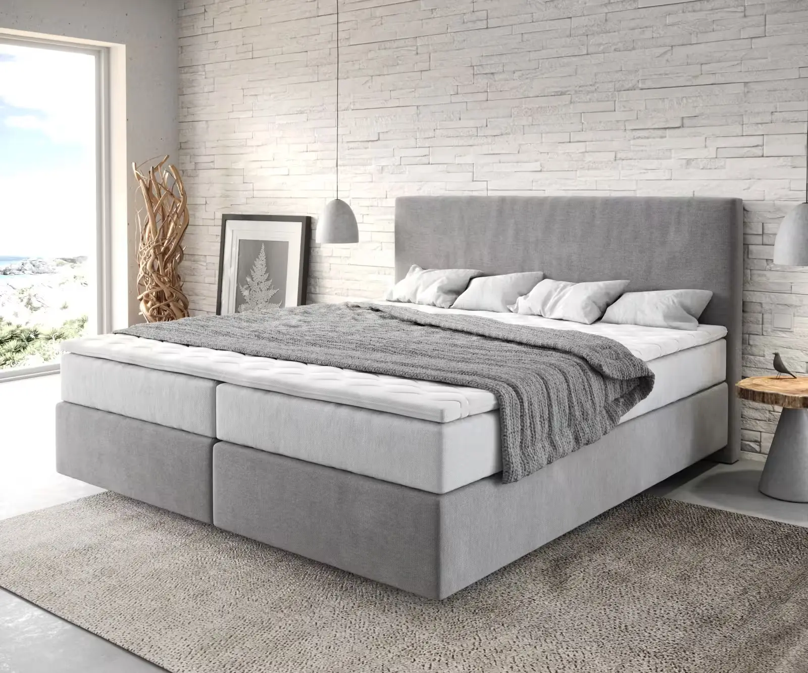 DELIFE Boxspring postel Dream-Well 180x200 cm mikrovlákno šedá s taštičková pružinová matrace a visco topper