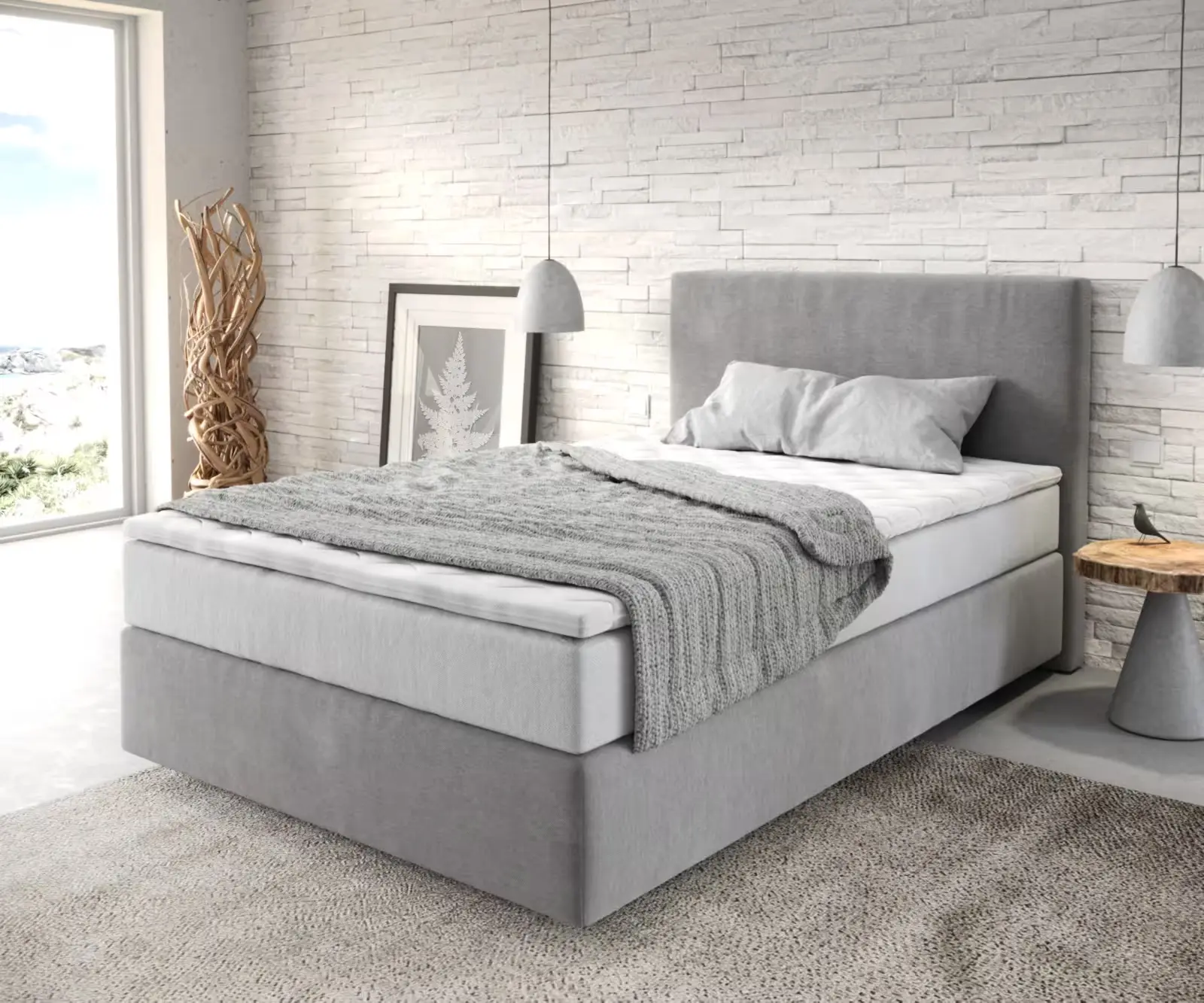 DELIFE Boxspring postel Dream-Well 120x200 cm mikrovlákno šedá s taštičková pružinová matrace a visco topper