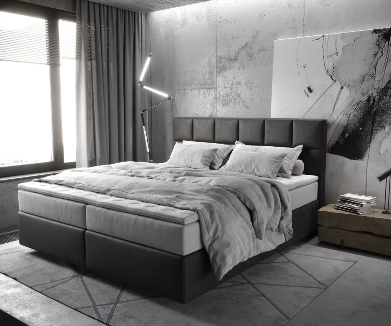 DELIFE Boxspring postel Dream-Fine 180x200 cm mikrovlákno antracitová vintage s taštičkovou matrací a visco topperem