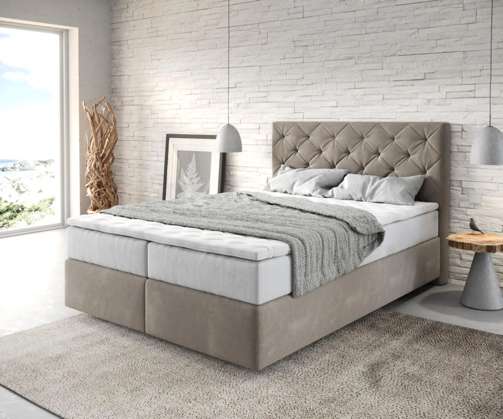 DELIFE Boxspring postel Dream-Great 140x200 cm mikrovlákno béžová s taštičkovou pružinovou matrací a visco topperem
