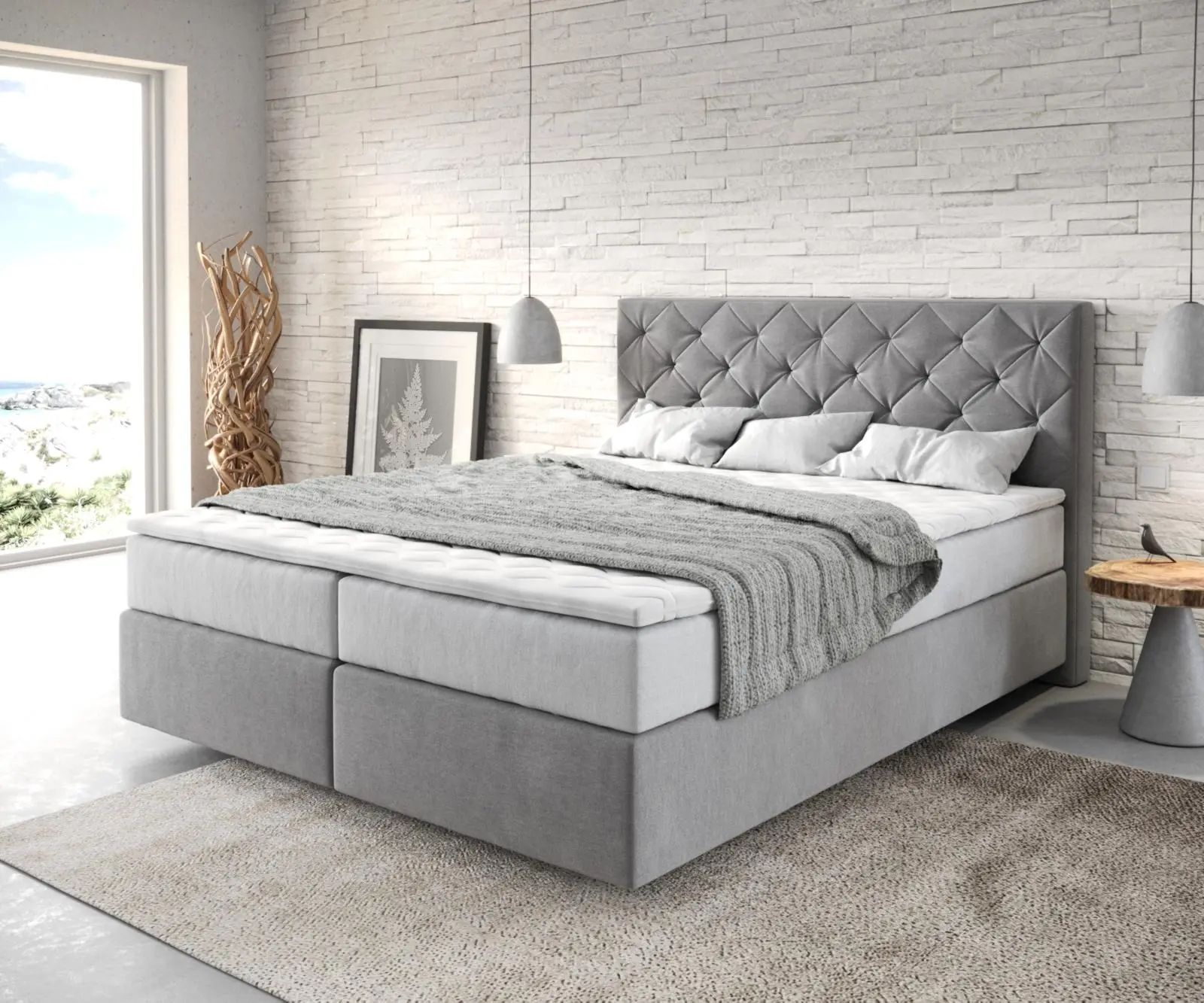 DELIFE Boxspring postel Dream-Great 160x200 cm mikrovlákno šedá s TFK matrací a Visco topperem