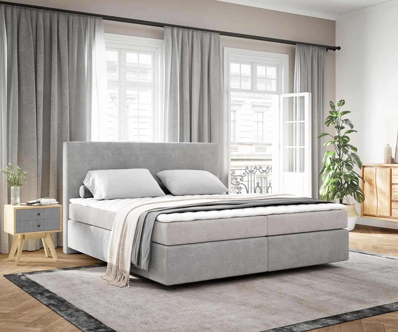 DELIFE Boxspring postel Dream-Well 180x200 cm manšestr stříbrná se středně tvrdou matrací a topperem