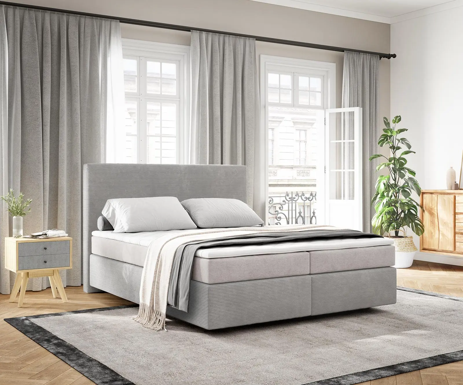 DELIFE Boxspring postel Dream-Well 160x200 cm manšestr stříbrně šedá s taštičkovou pružinovou matrací a visco topperem