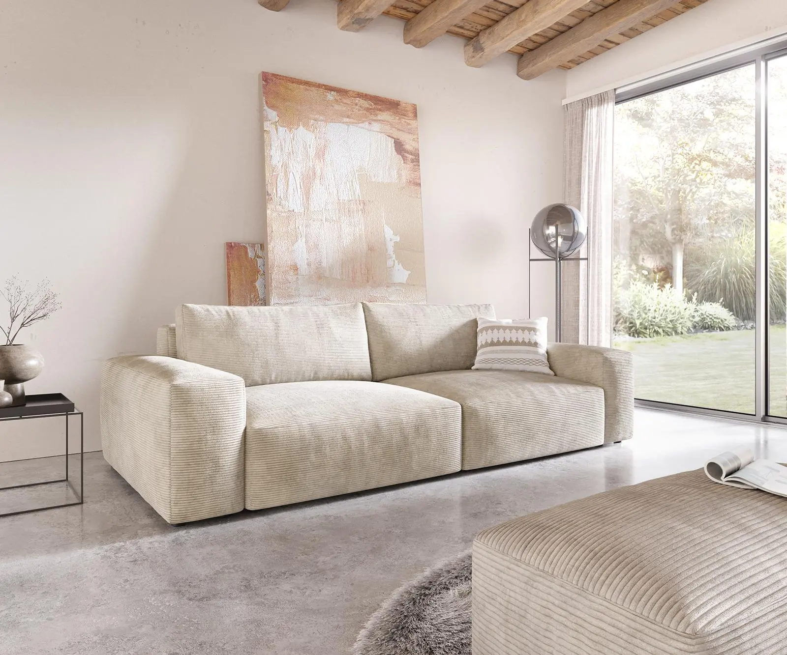 DELIFE Pohovka XL Lanzo 270x130 cm manšestr béžová s taburetem