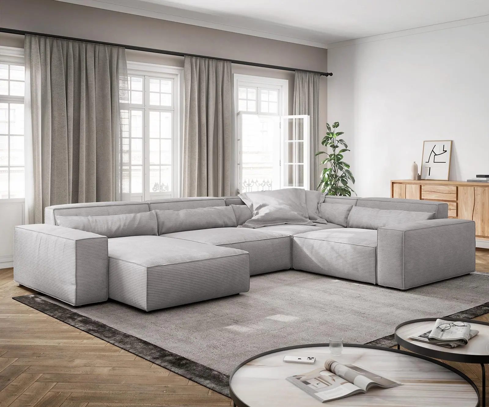 DELIFE Pohovka ve tvaru "U" Sirpio XL 360x260 cm manšestr stříbrně šedá variabilní lenoška