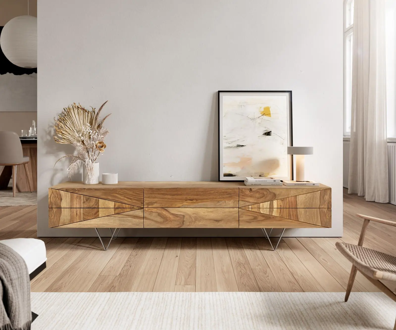 DELIFE Designový TV stolek Wyatt 175 cm sheesham přírodní 2 dvířka 1 výklopná dvířka