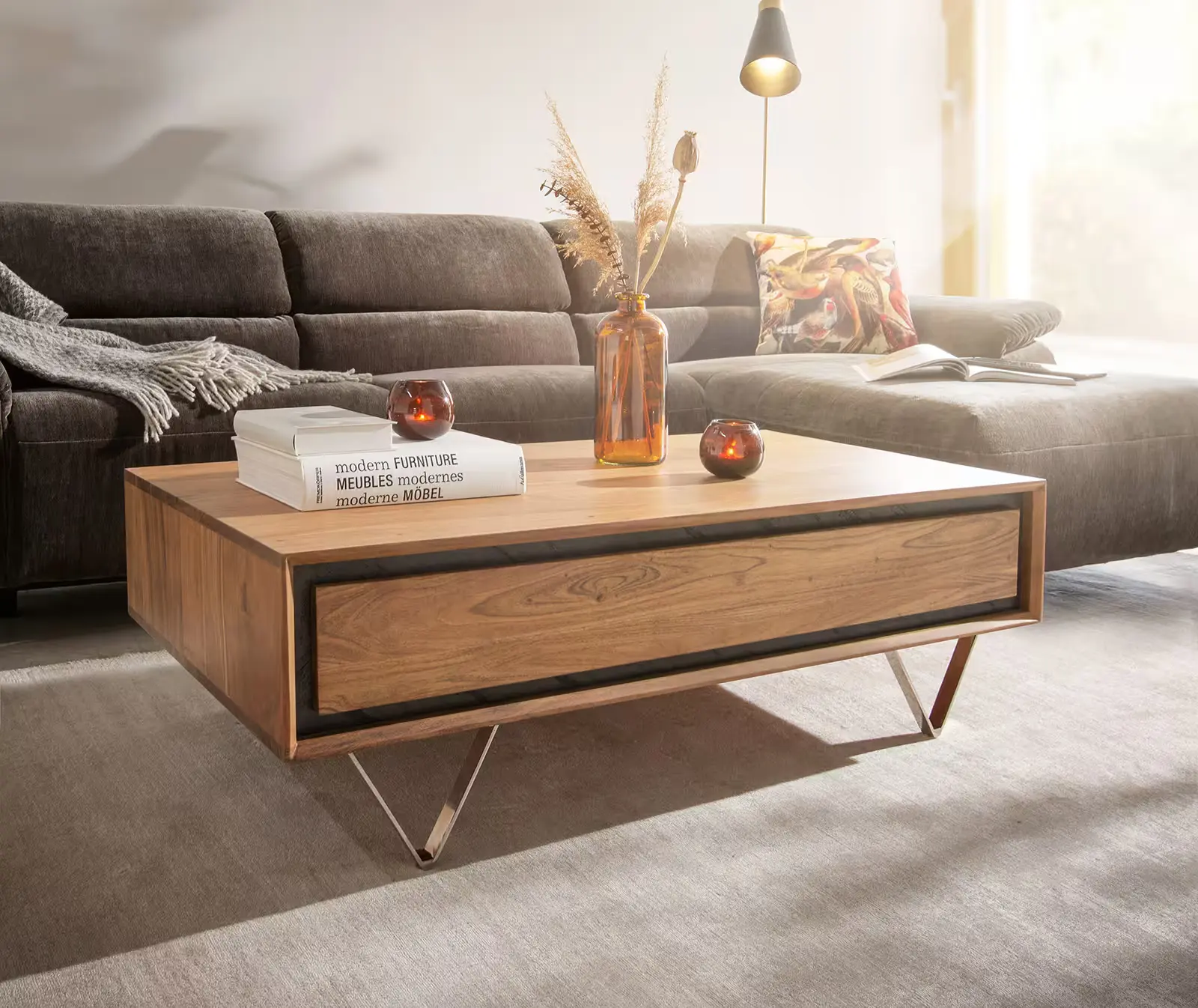 DELIFE Konferenční stolek Stonegrace 115x60 cm akácie přírodní 2 zásuvky kamenná dýha
