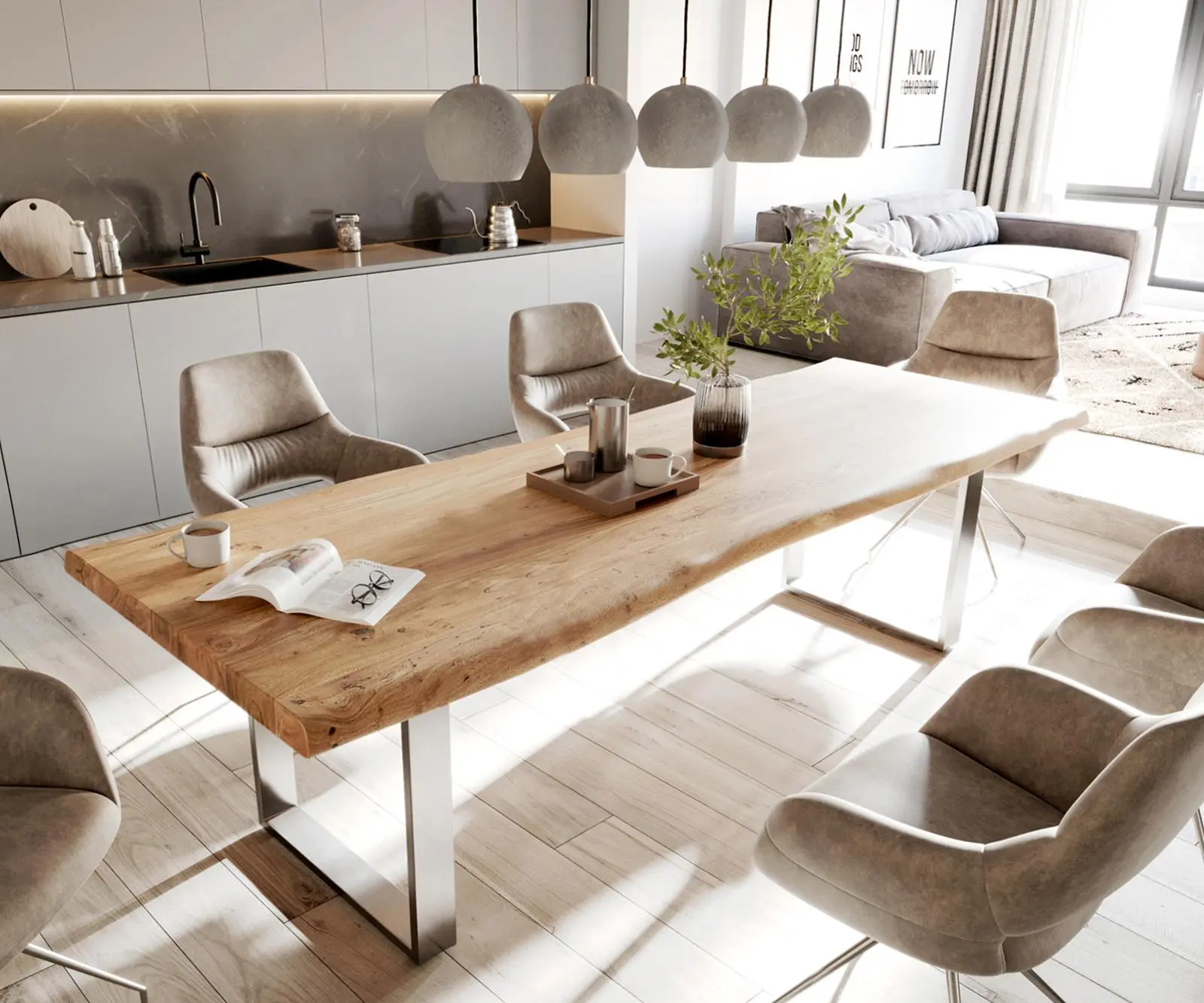 DELIFE Jídelní stůl Edge 280x100 cm XL akácie přírodní nerezová ocel úzký Live-Edge